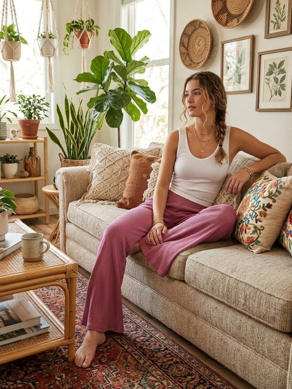 ANTHROPOLOGIE WIDE LEG WAFFLE KNIT LOUNGE PANTS LG